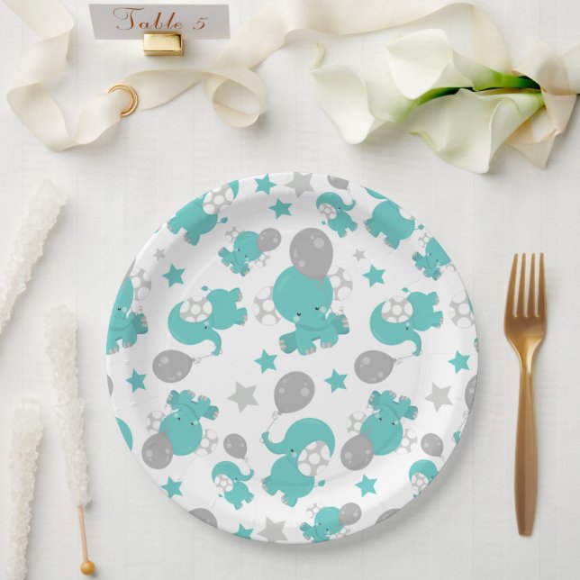 Pattern Of Blue Elephants, Cute Elephants, Stars Paper Plate (Wedding)
