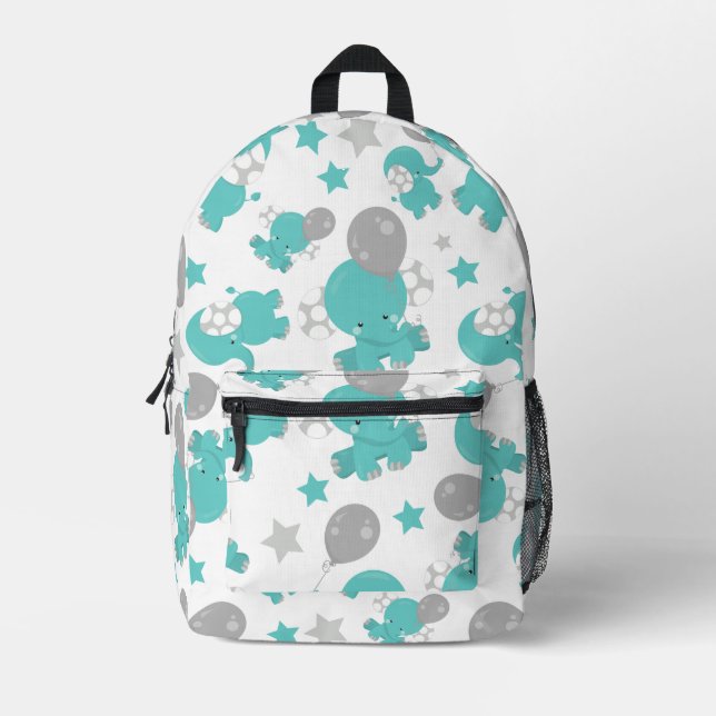 Pattern Of Blue Elephants, Cute Elephants, Stars Printed Backpack (Front)