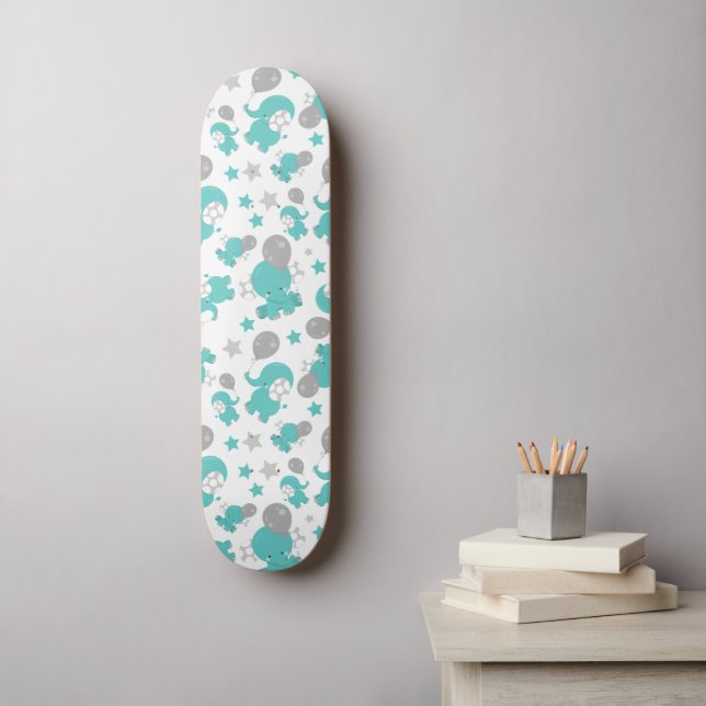 Pattern Of Blue Elephants, Cute Elephants, Stars Skateboard (Wall Art)