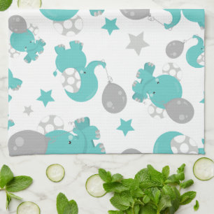 Pattern Of Blue Elephants, Cute Elephants, Stars Tea Towel