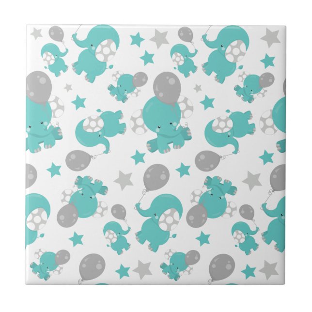 Pattern Of Blue Elephants, Cute Elephants, Stars Tile (Front)