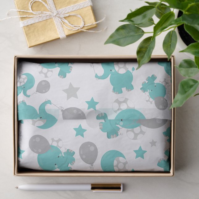 Pattern Of Blue Elephants, Cute Elephants, Stars Tissue Paper (Gift)