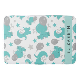Pattern Of Blue Elephants, Stars, Your Name Bath Mat