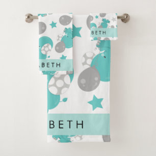 Pattern Of Blue Elephants, Stars, Your Name Bath Towel Set
