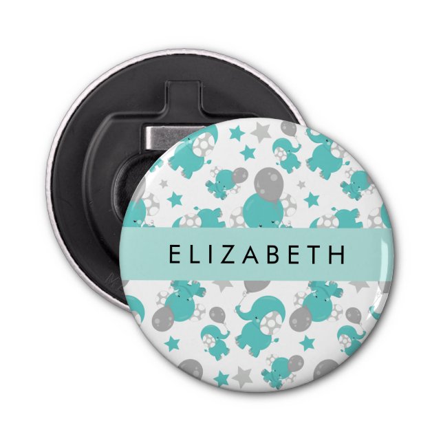 Pattern Of Blue Elephants, Stars, Your Name Bottle Opener (Front)