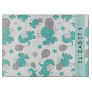 Pattern Of Blue Elephants, Stars, Your Name Cutting Board
