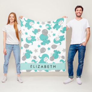 Pattern Of Blue Elephants, Stars, Your Name Fleece Blanket