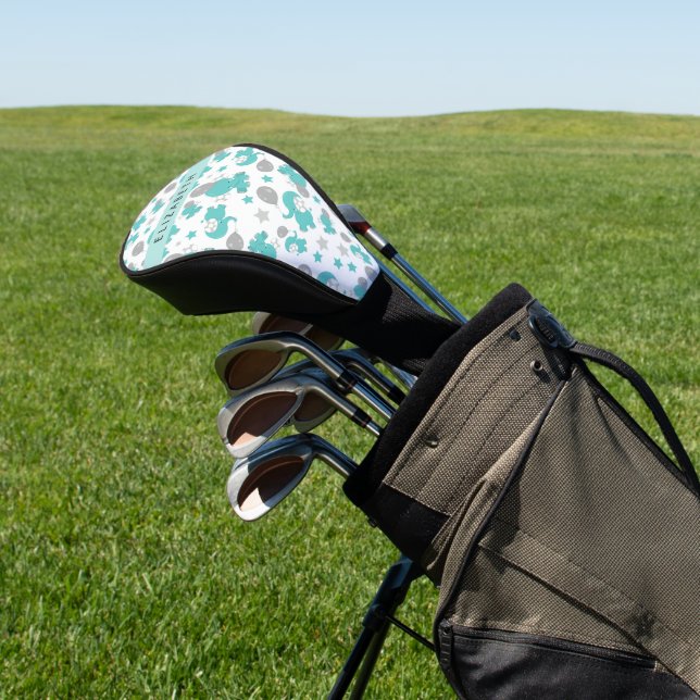 Pattern Of Blue Elephants, Stars, Your Name Golf Head Cover (In Situ)
