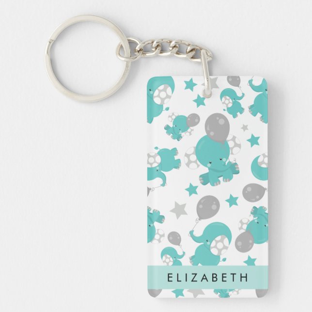 Pattern Of Blue Elephants, Stars, Your Name Key Ring (Front)