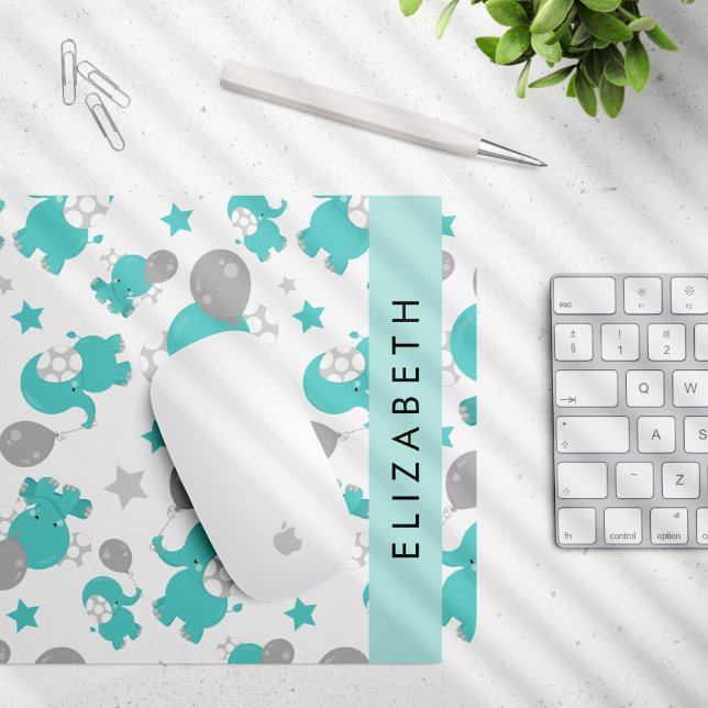 Pattern Of Blue Elephants, Stars, Your Name Mouse Mat (Creator Uploaded)
