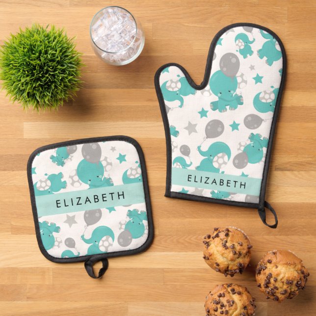 Pattern Of Blue Elephants, Stars, Your Name Oven Mitt & Pot Holder Set (Top Down)