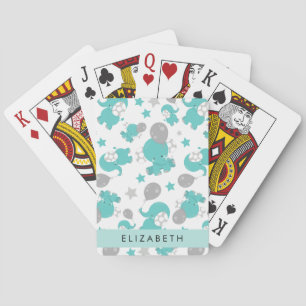 Pattern Of Blue Elephants, Stars, Your Name Playing Cards