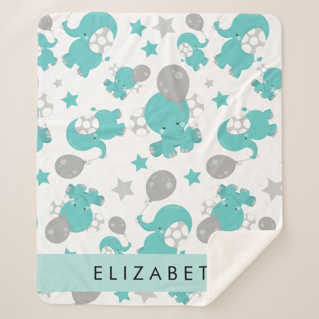 Pattern Of Blue Elephants, Stars, Your Name Sherpa Blanket (Front)