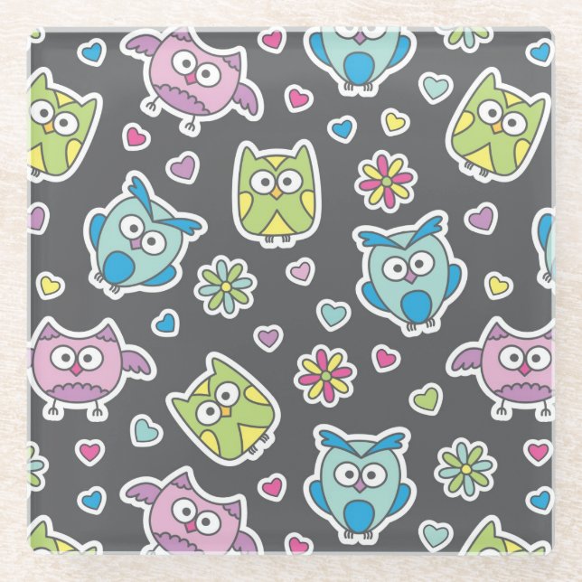 pattern of cartoon owls glass coaster (Front)