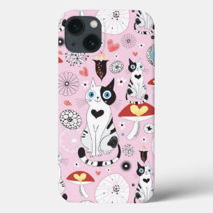 pattern of cats and flowers iPhone 13 case