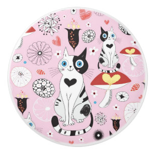 pattern of cats and flowers ceramic knob