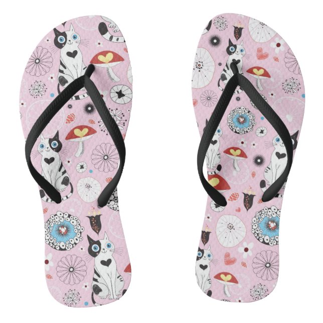 pattern of cats and flowers flip flops (Footbed)