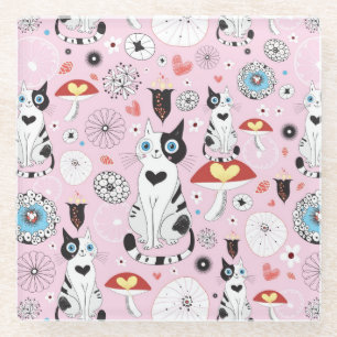 pattern of cats and flowers glass coaster