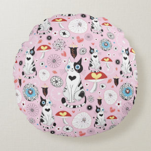 pattern of cats and flowers round cushion