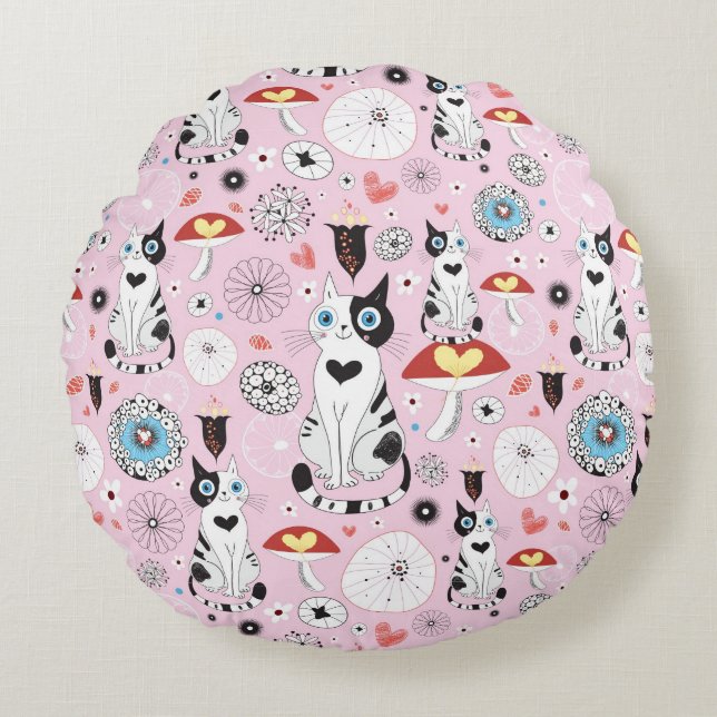 pattern of cats and flowers round cushion (Front)