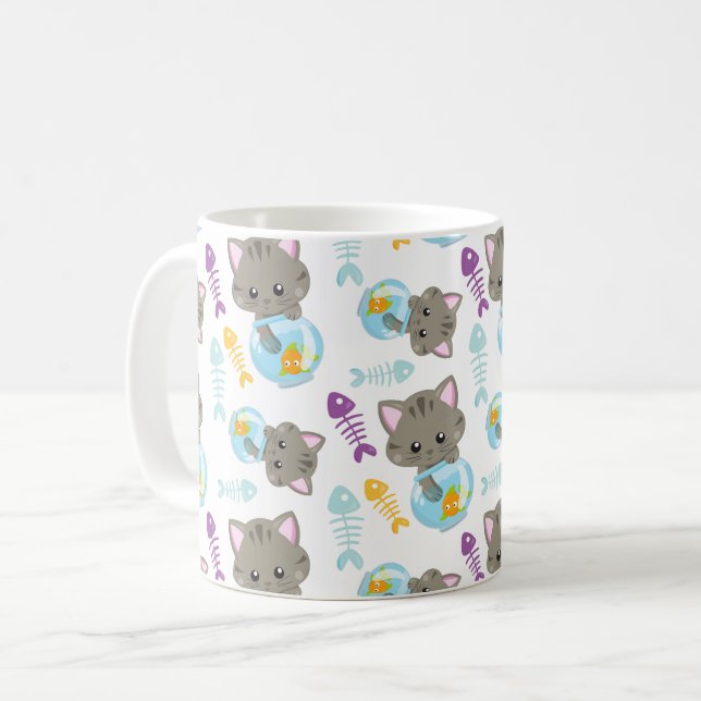 Pattern Of Cats, Cute Cats, Kittens, Fish Coffee Mug (Front Left)