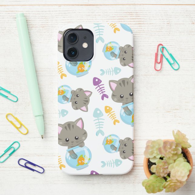 Pattern Of Cats, Cute Cats, Kittens, Fish iPhone Case (On Desk)