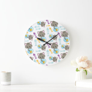 Pattern Of Cats, Cute Cats, Kittens, Fish Large Clock