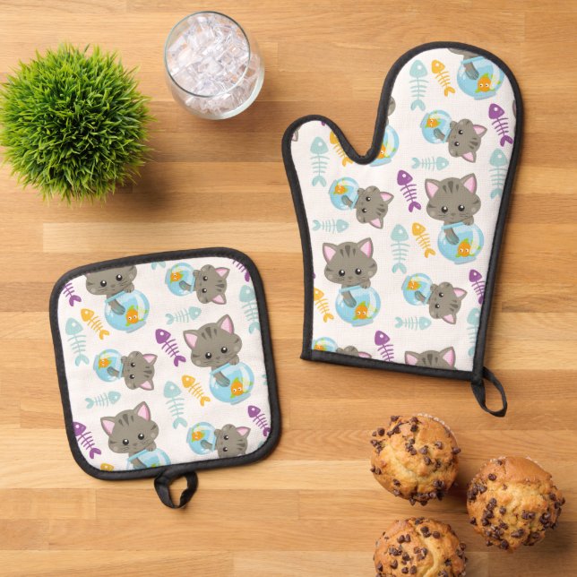 Pattern Of Cats, Cute Cats, Kittens, Fish Oven Mitt & Pot Holder Set (Top Down)