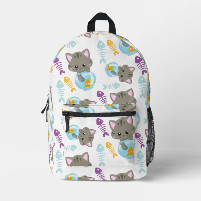 Pattern Of Cats, Cute Cats, Kittens, Fish Printed Backpack (Front)