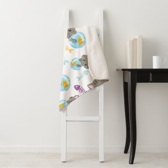 Pattern Of Cats, Cute Cats, Kittens, Fish Sherpa Blanket (In Situ)