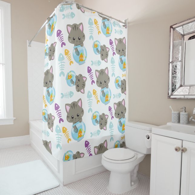 Pattern Of Cats, Cute Cats, Kittens, Fish Shower Curtain (In Situ)