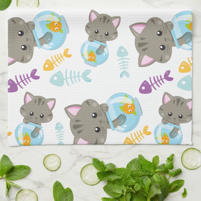 Pattern Of Cats, Cute Cats, Kittens, Fish Tea Towel (Folded)
