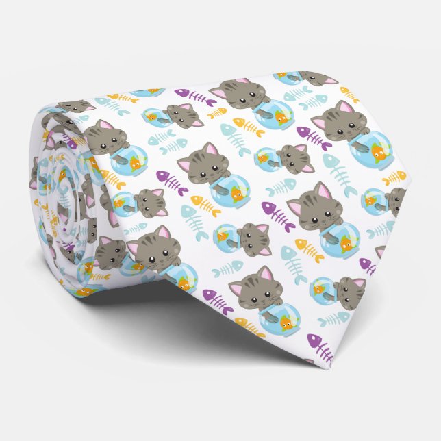 Pattern Of Cats, Cute Cats, Kittens, Fish Tie (Rolled)