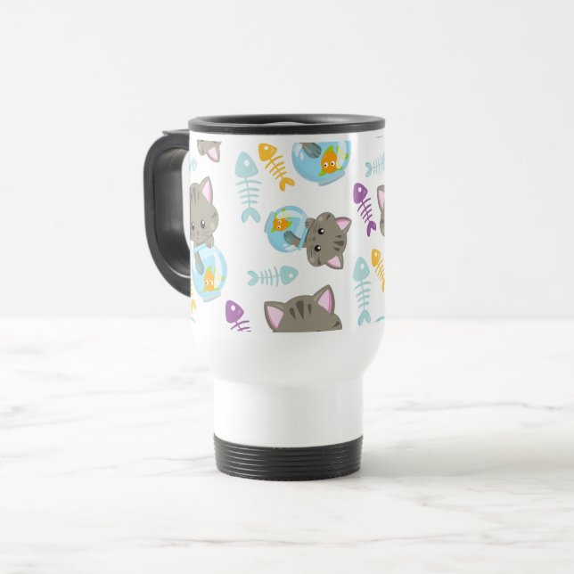 Pattern Of Cats, Cute Cats, Kittens, Fish Travel Mug (Front Left)