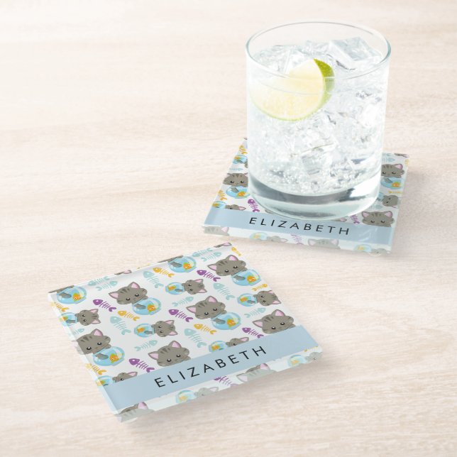 Pattern Of Cats, Cute Cats, Kittens, Your Name Glass Coaster (Angled)
