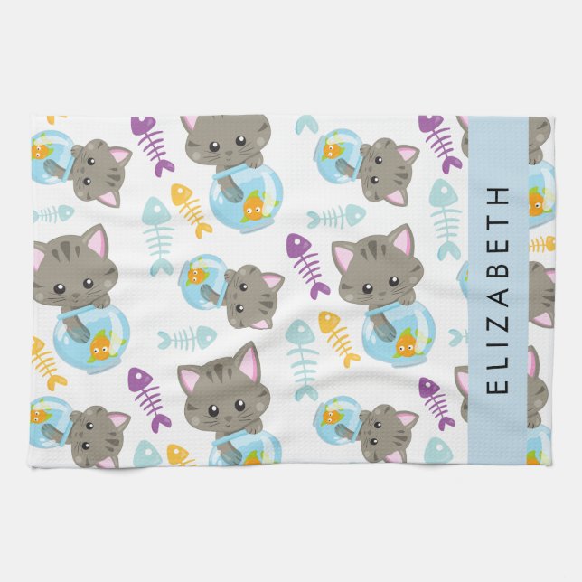 Pattern Of Cats, Cute Cats, Kittens, Your Name Tea Towel (Horizontal)