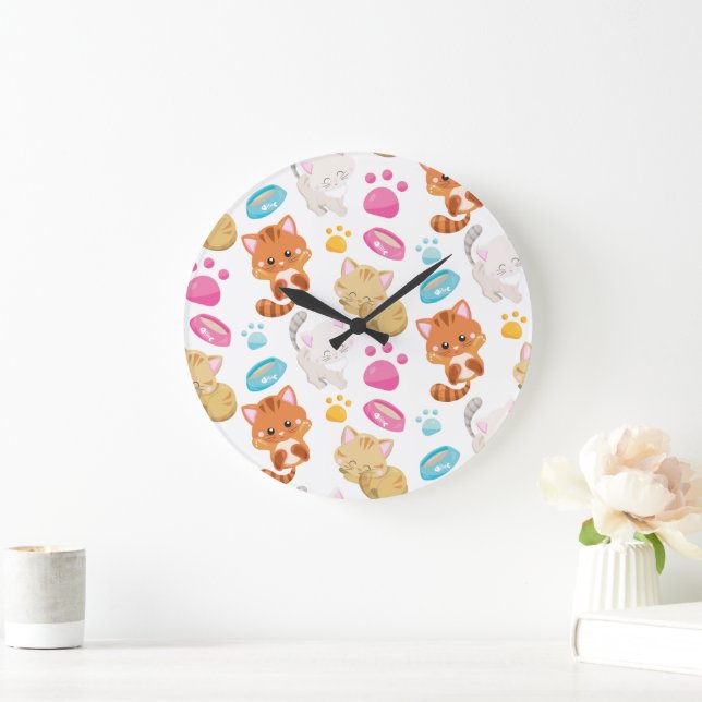 Pattern Of Cats, Cute Cats, Kitty, Kittens, Paws Large Clock (Home)