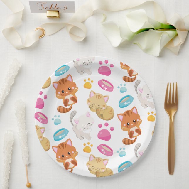 Pattern Of Cats, Cute Cats, Kitty, Kittens, Paws Paper Plate (Wedding)