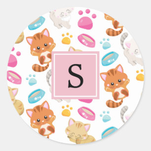 Pattern Of Cats, Cute Cats, Kitty, Monogram Classic Round Sticker
