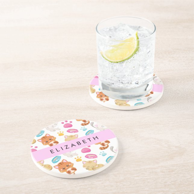 Pattern Of Cats, Cute Cats, Kitty, Paws, Your Name Coaster (Side)