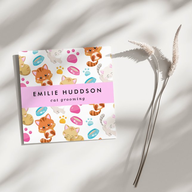 Pattern Of Cats, Pet Shop, Cat Sitter, Cat Groomer Square Business Card (Creator Uploaded)