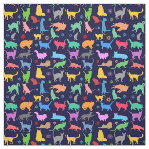 Pattern Of Colourful Cats. Navy Blue Background Fabric