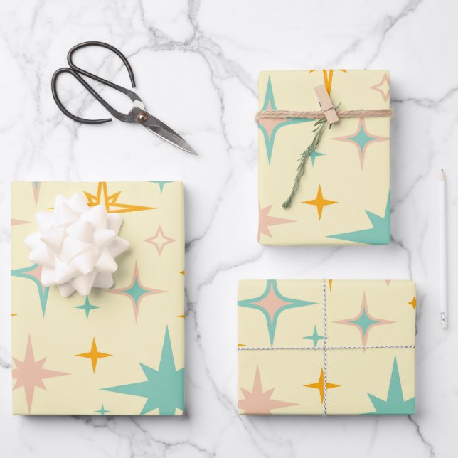 Pattern of colourful retro stars wrapping paper sheet (Front)