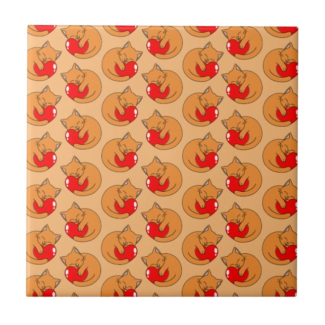 Pattern of Cute Happy Orange Cats Holding Hearts Tile (Front)