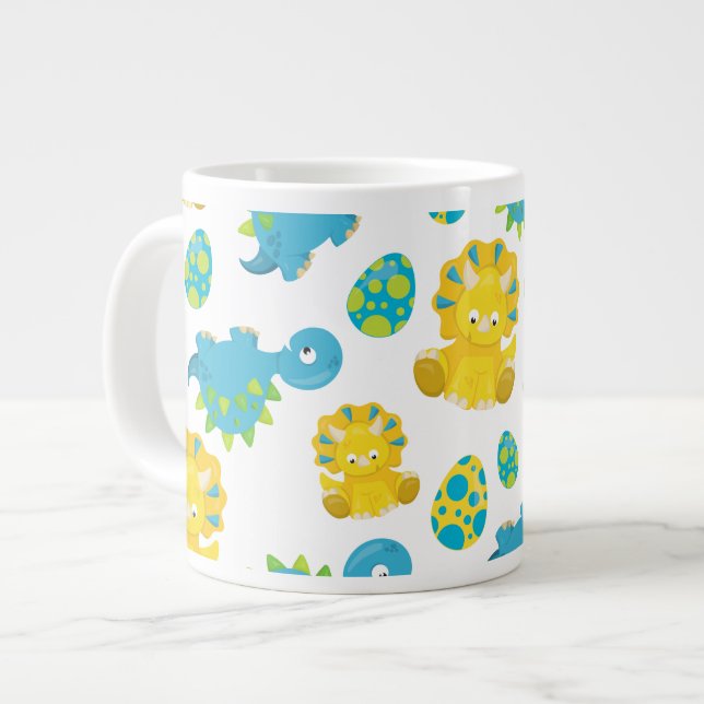 Pattern Of Dinosaurs, Cute Dinosaurs, Baby Dino Large Coffee Mug (Front Left)