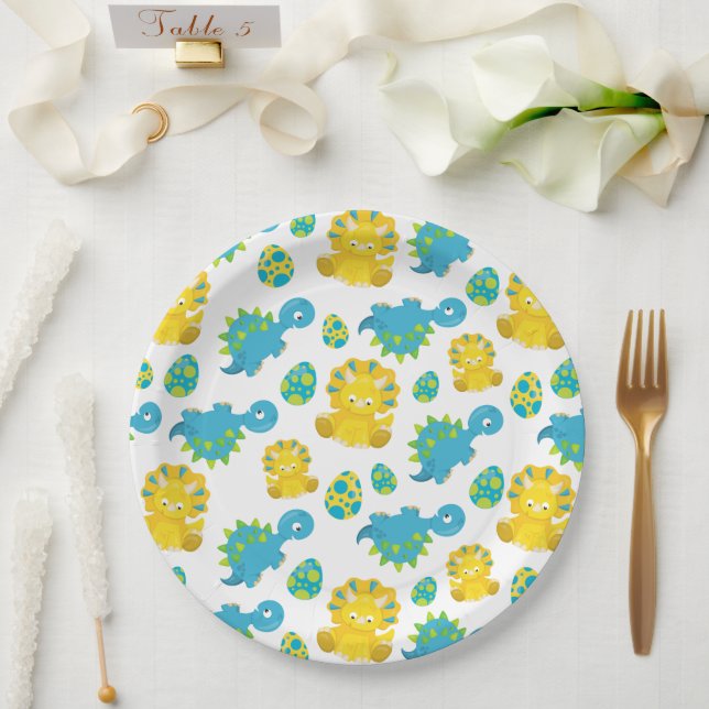 Pattern Of Dinosaurs, Cute Dinosaurs, Baby Dino Paper Plate (Wedding)