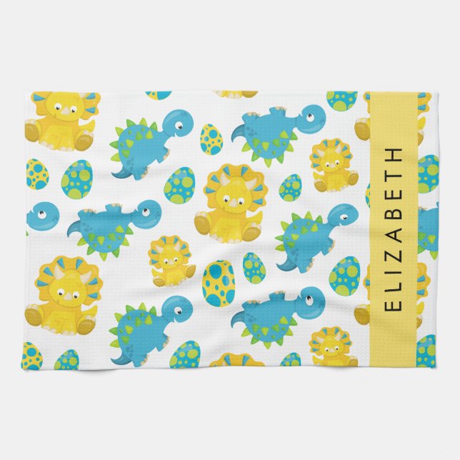Pattern Of Dinosaurs, Cute Dinosaurs, Your Name Tea Towel (Horizontal)