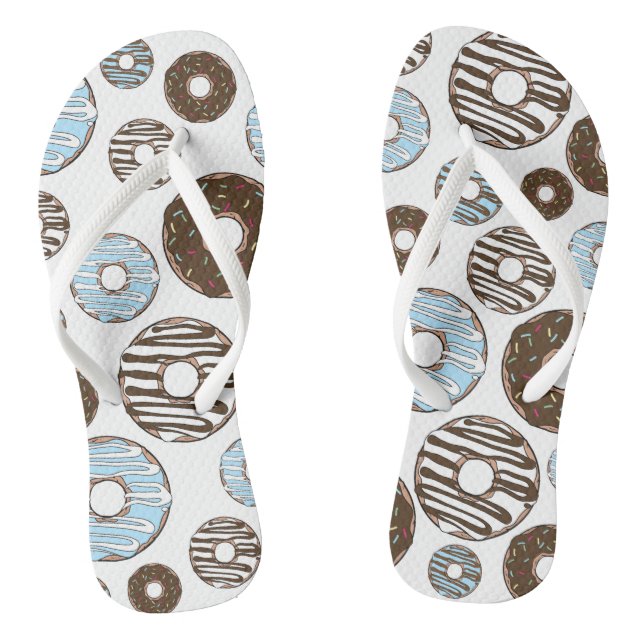 Pattern Of Doughnuts, Blue Doughnuts, Brown Doughn Flip Flops (Footbed)