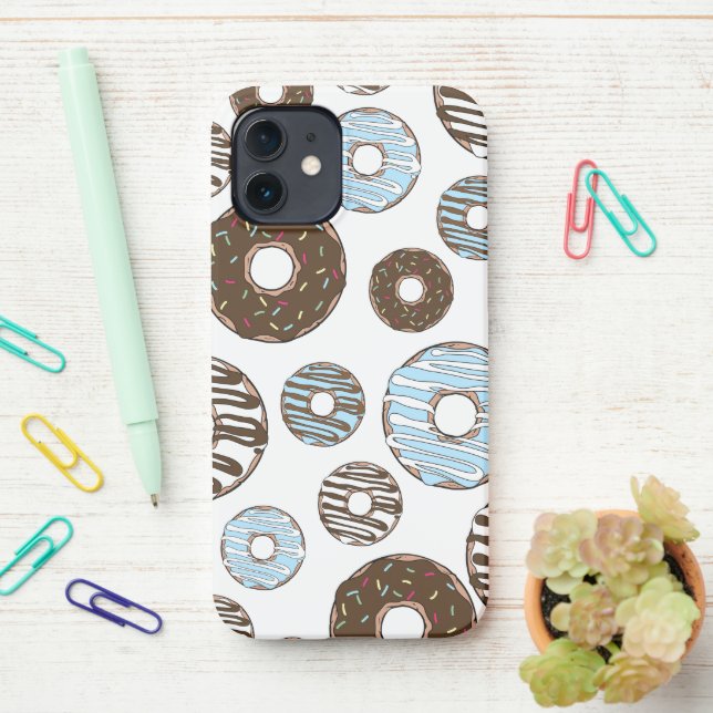 Pattern Of Doughnuts, Blue Doughnuts, Brown Doughn iPhone Case (On Desk)