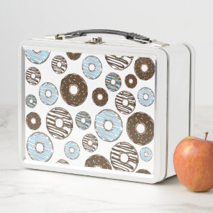 Pattern Of Doughnuts, Blue Doughnuts, Brown Doughn Metal Lunch Box